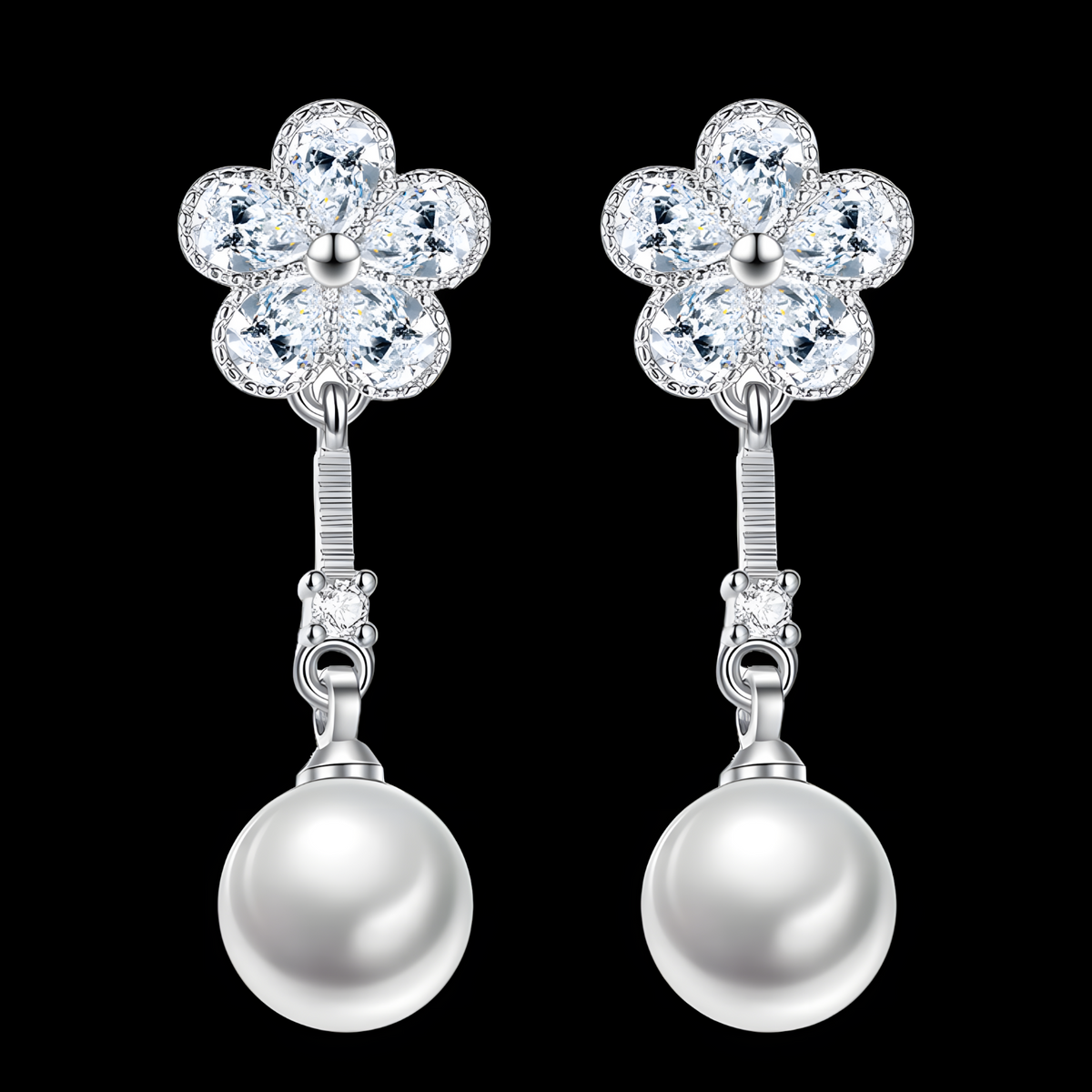 925 Silver-Plated Alloy Pearl Drop Earrings for Women – Flower CZ Crystal 996