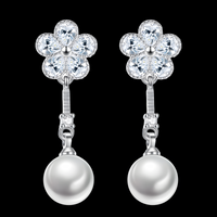 925 Silver-Plated Alloy Pearl Drop Earrings for Women – Flower CZ Crystal 996