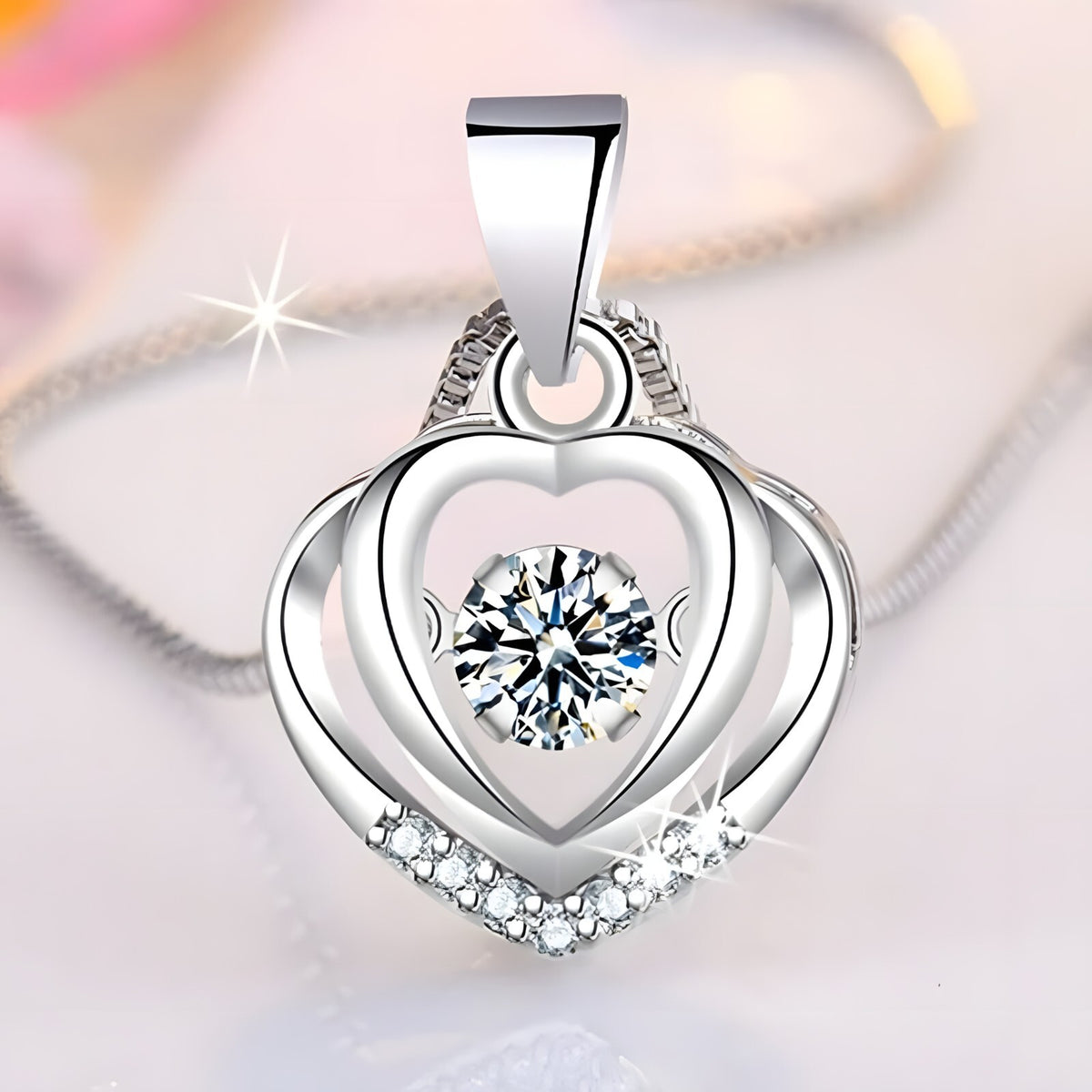 925 Sterling Silver Double Heart Necklace-Dazzling Dancing Zircon,Adjustable 270