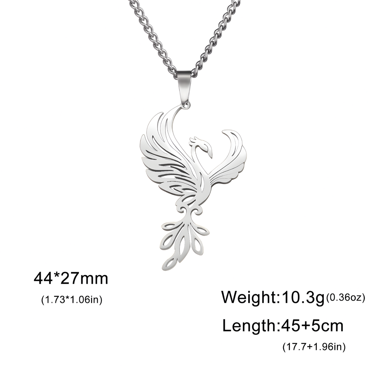 Silver Phoenix Pendant Necklace for Women, Copper Alloy with Silver Plating 1193