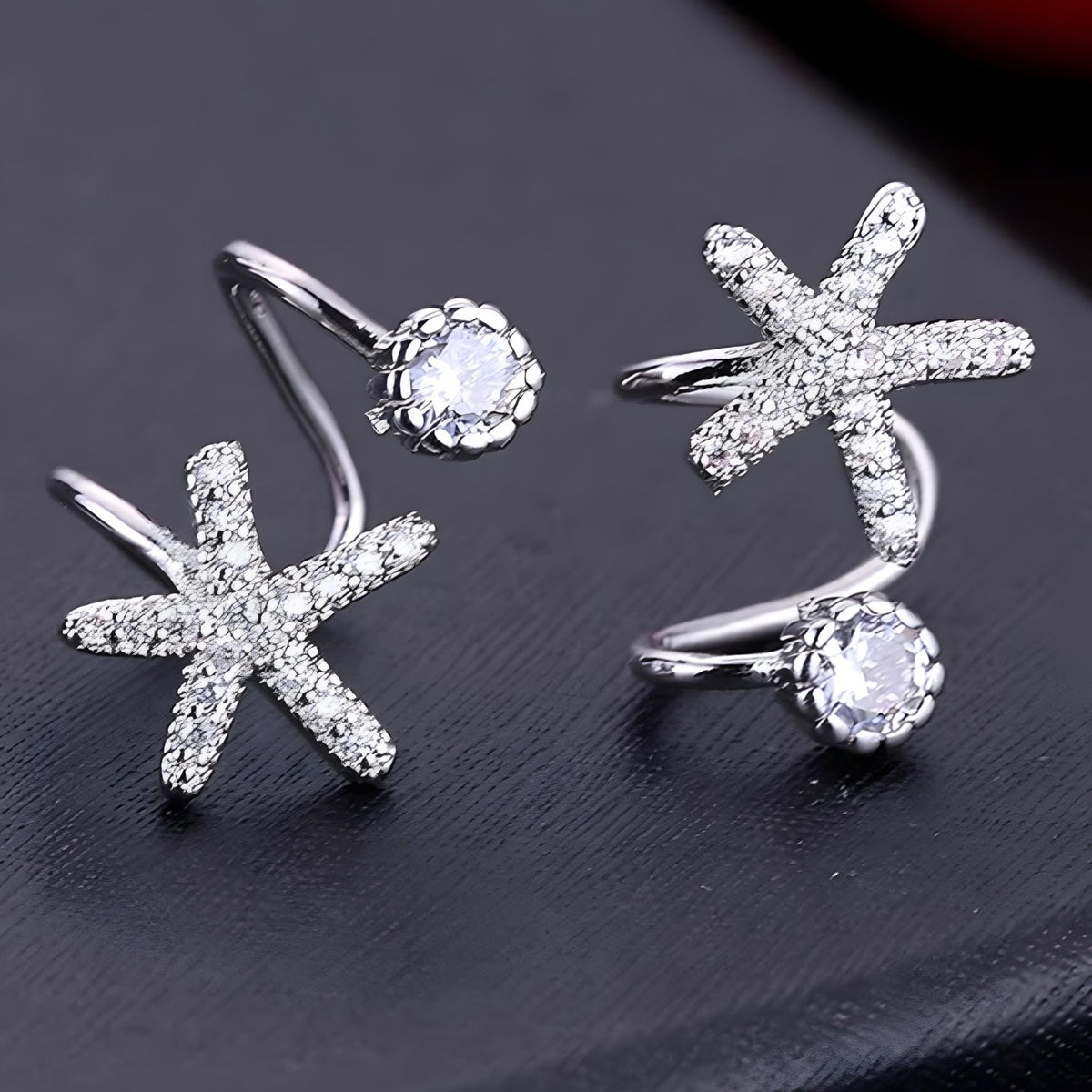 925 Sterling Silver Starfish & CZ Spiral Cuff Earrings - Unique Ear Climber 354