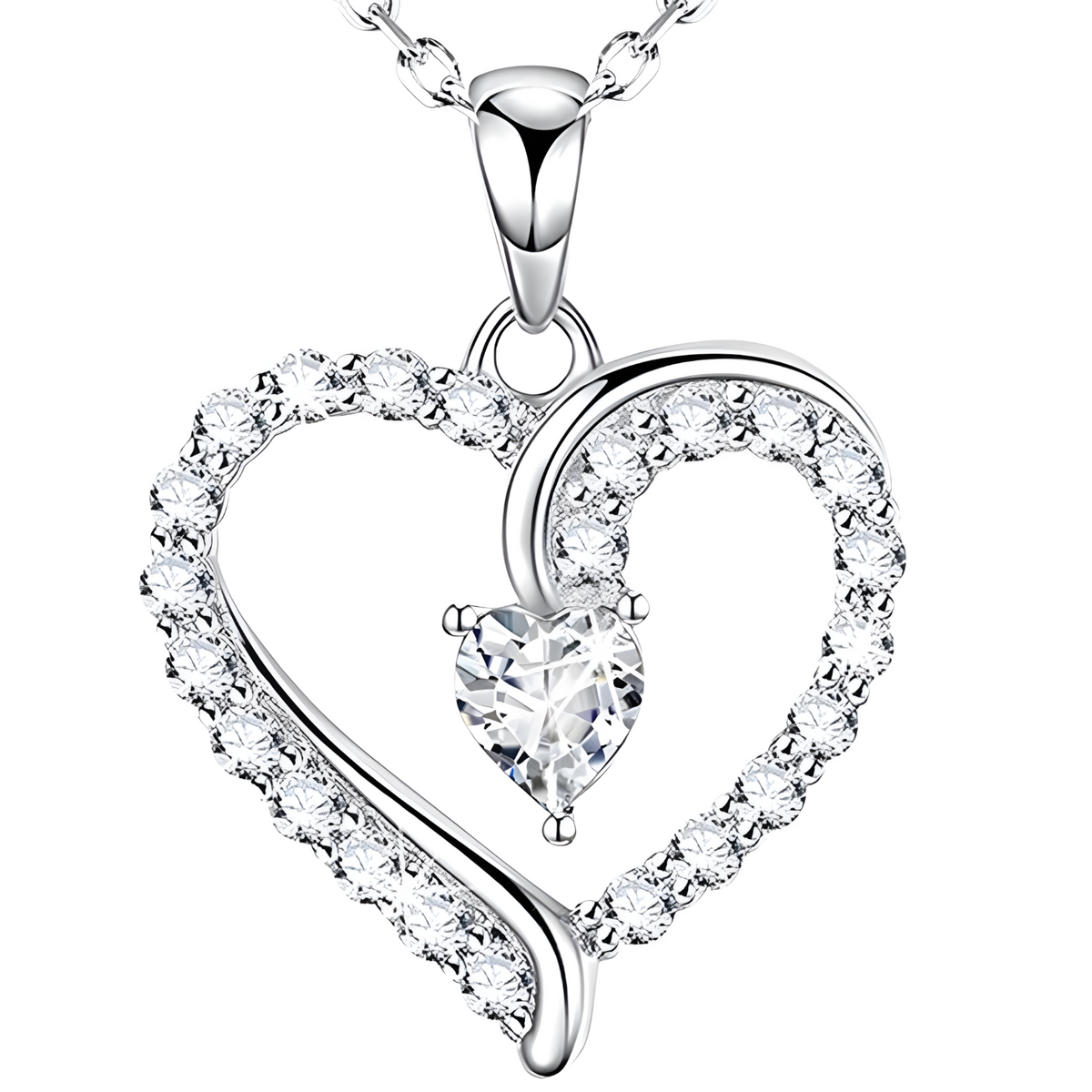 Luxury Paved Heart Necklace - Dazzling Cubic Zirconia Silver Tone for Women B72