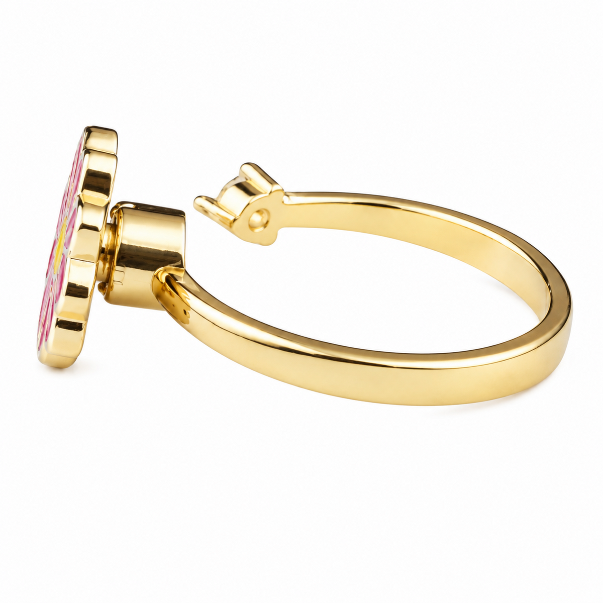 Daisy Flower Adjustable Open Ring Gold Tone Statement Ring with Pink Enamel 1597