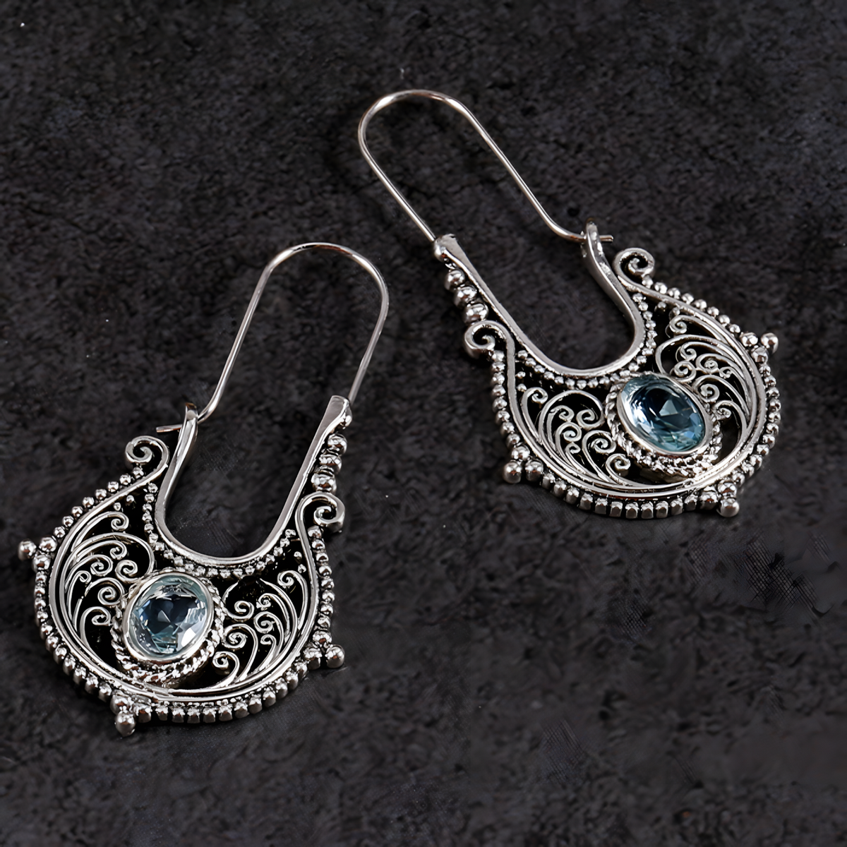 Bohemian Dangle Earrings For Women - Blue Oval Crystal 4.7cm x 2.6cm - 1437
