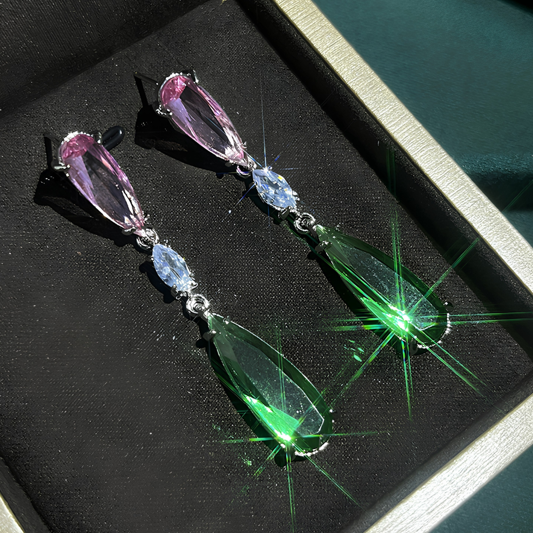 Unified Jewellery Premium Green Magenta Crystal Long Drop Earrings Women 1847