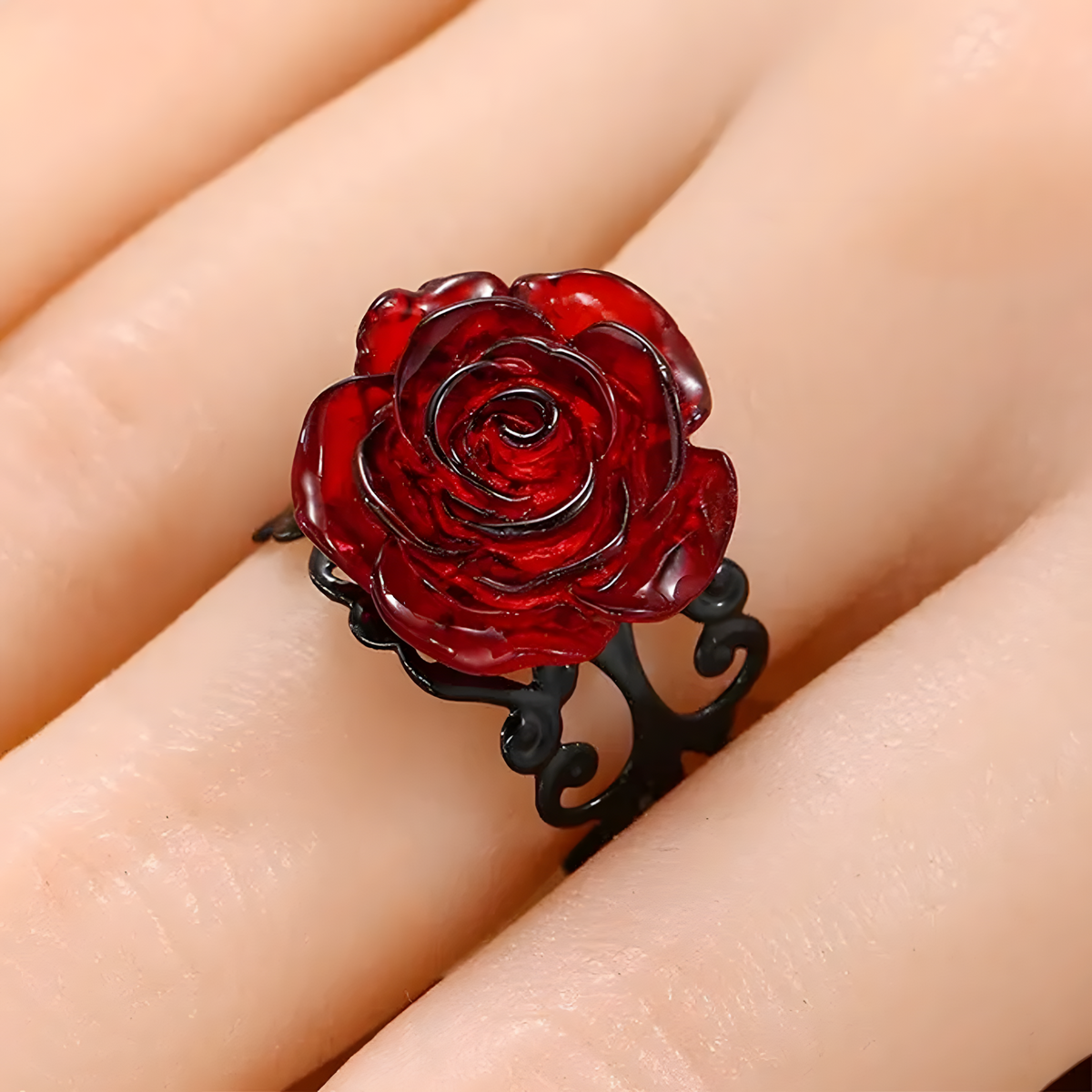 Gothic Red Rose Statement Ring - Ornate Black Vine Filigree Adjustable Band 1490