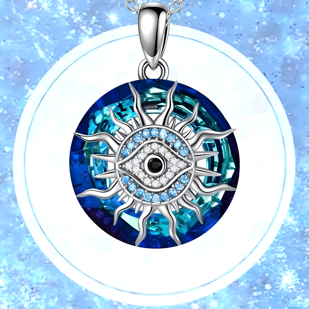 Blue Evil Eye Pendant Necklace For Women - Round Sunburst Eye Charm Chain 1789