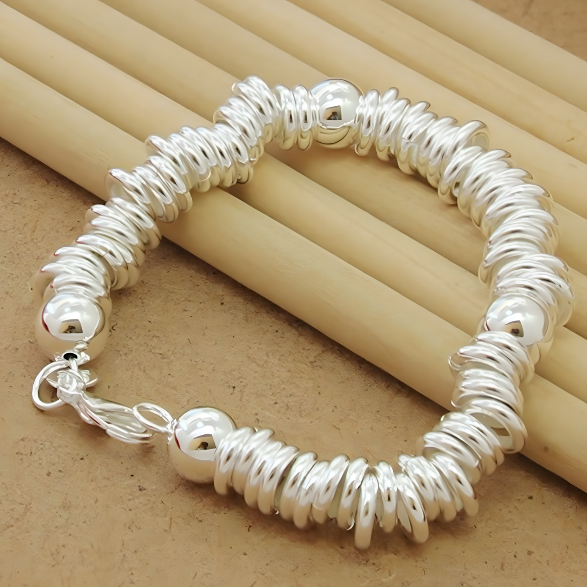 925 Sterling Silver Bell Bead Bracelet, Coiled Disc Strand Bracelet Lobster 1798