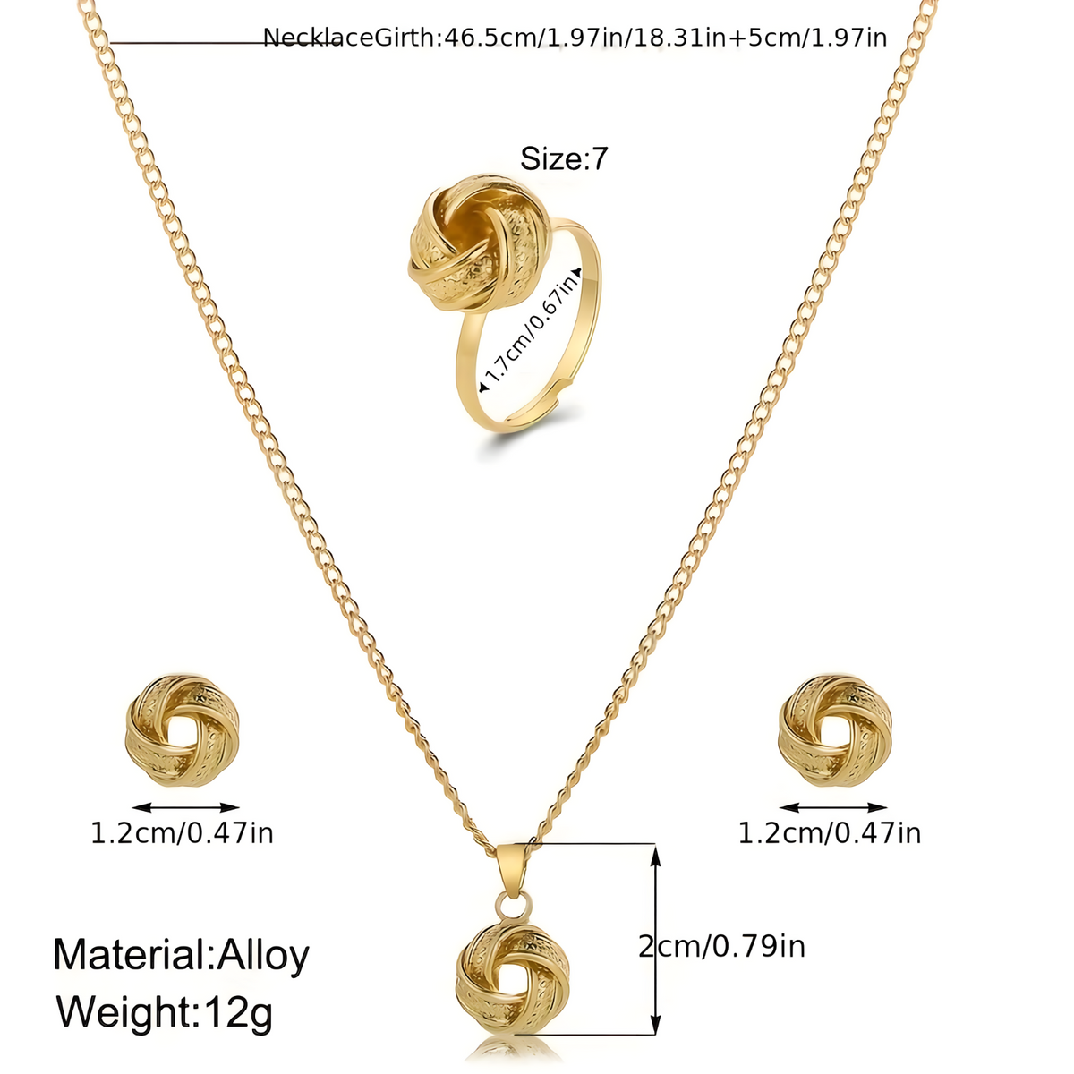 4PCS Gold Twist Knot Jewellery Set Women – Zinc Alloy Necklace, Stud Earring 673