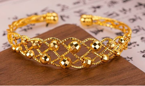 24K Gold Plated Copper Cuff Bracelet for Women, Adjustable Open Bangle Shiny 122