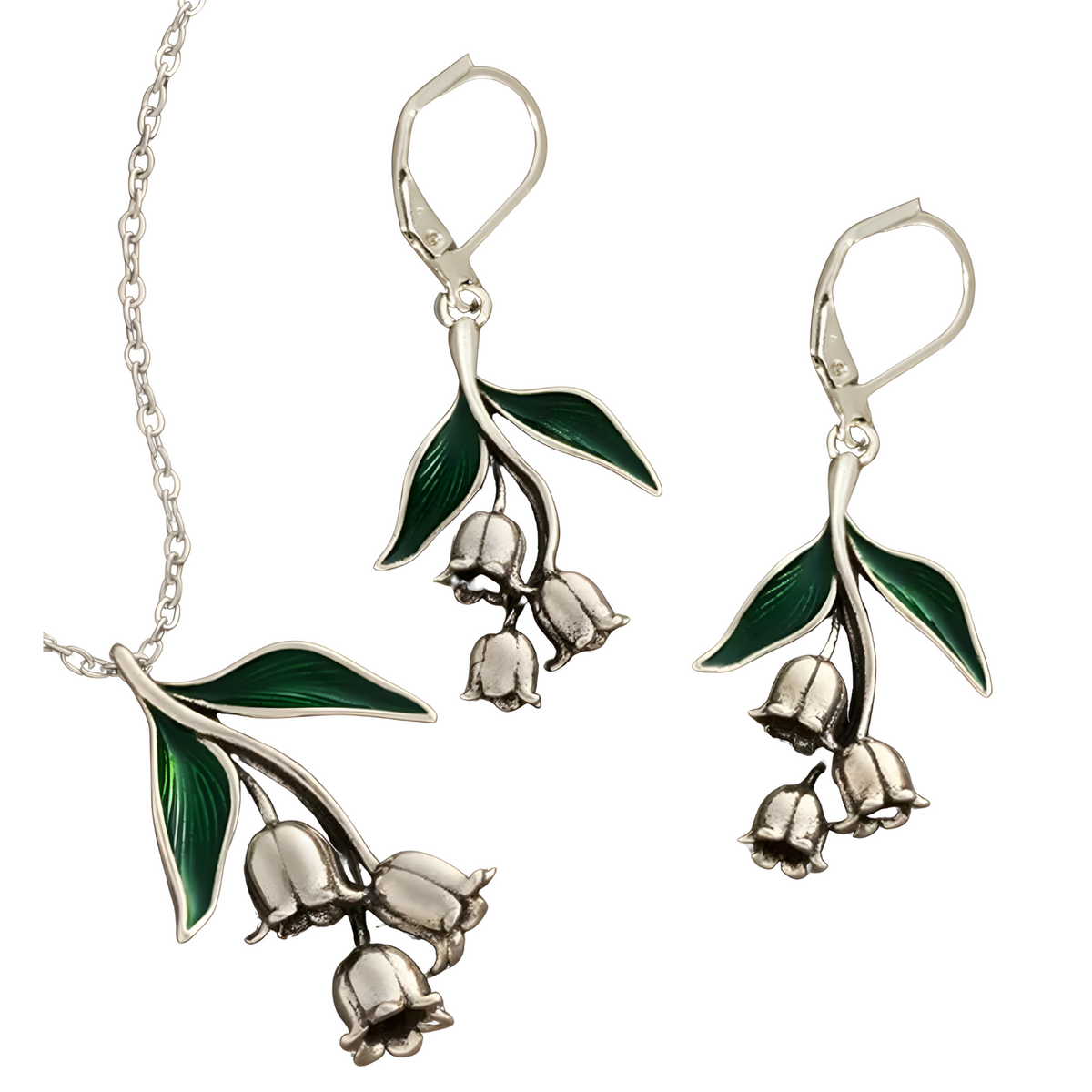 Lily Of The Valley Jewellery Set Women, Green Leaf Flower Pendant Necklace 1710