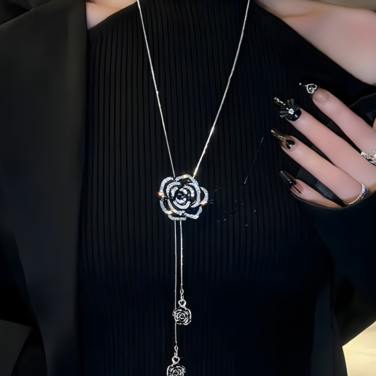 Black Rose Long Pendant Necklace for Women – Zinc Alloy Metal Chain 1211