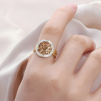 Gold Tree of Life Ring – Adjustable Stainless Steel Open Band Clear Crystal 842