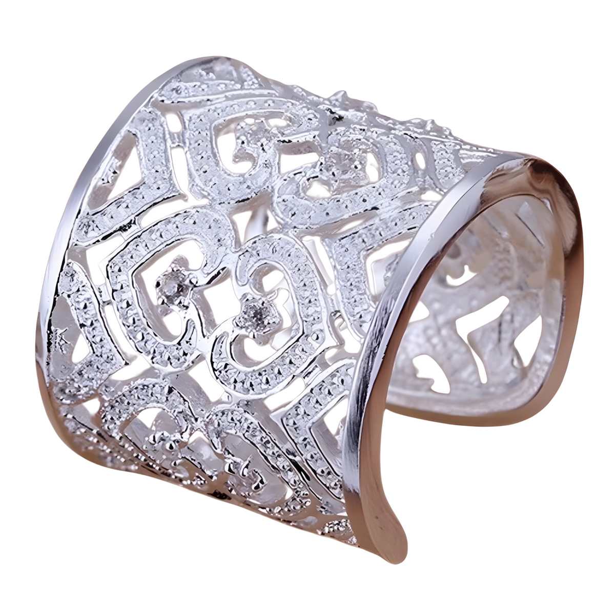 Silver Plated Alloy Wide Filigree Open Cuff Ring Women, Adjustable Resize 1195