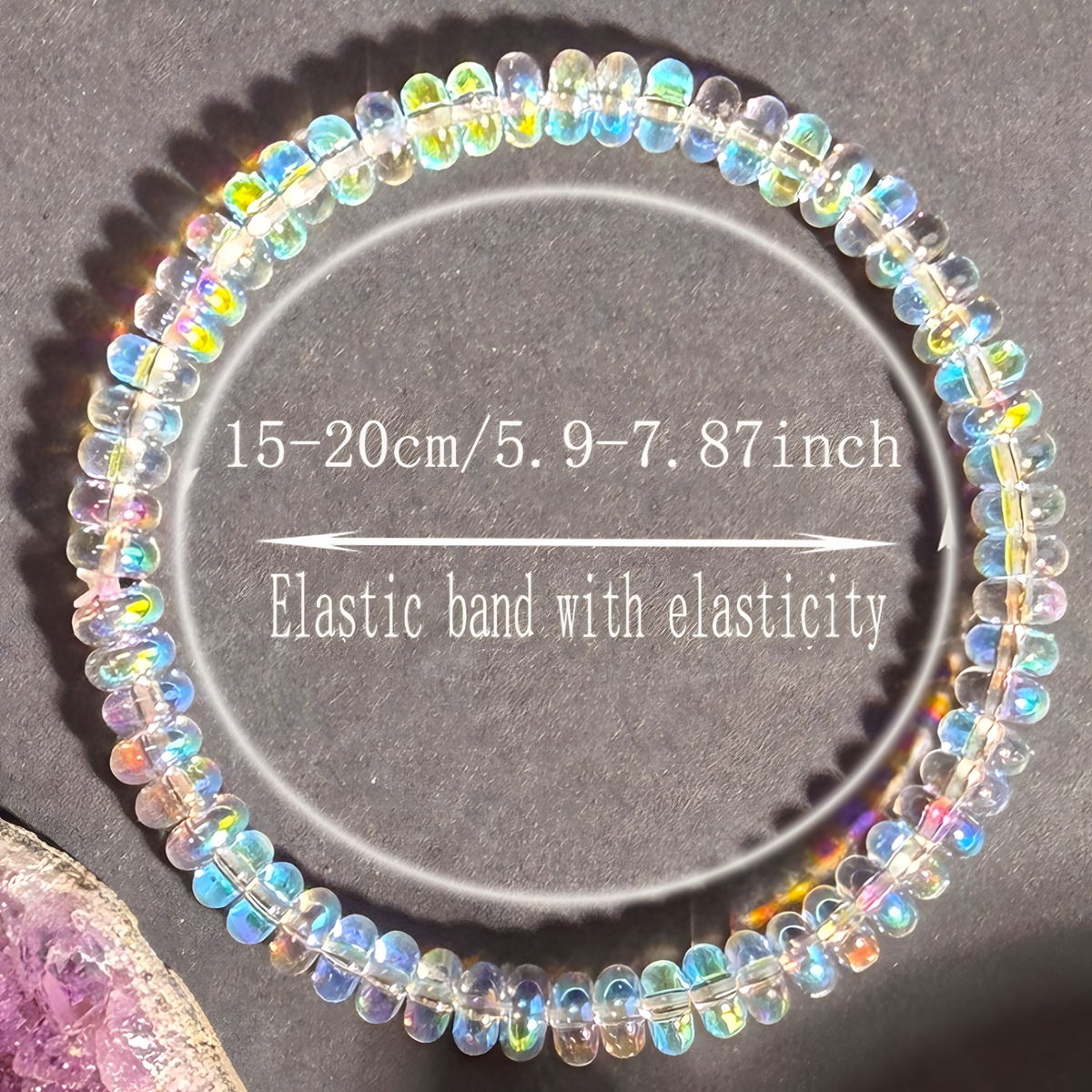 Iridescent Opal Bead Stretch Bracelet, Rainbow Flash Crystal Look, Trendy 1726