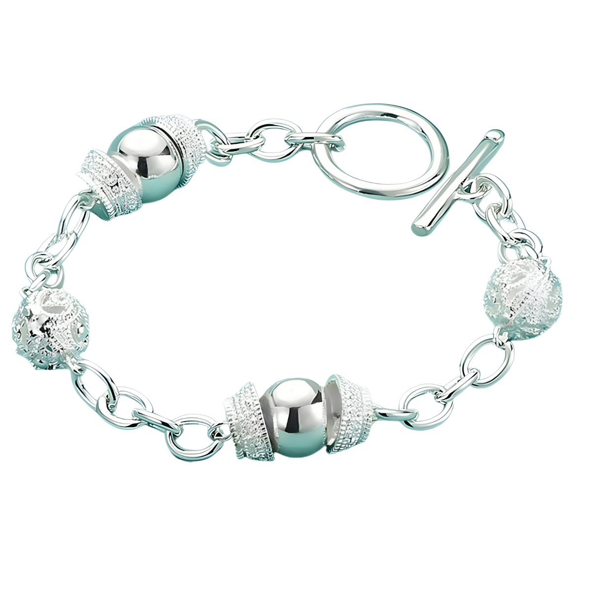 925 Silver Colour Toggle Bracelet for Women 20cm Round Bead Link Chain 1780
