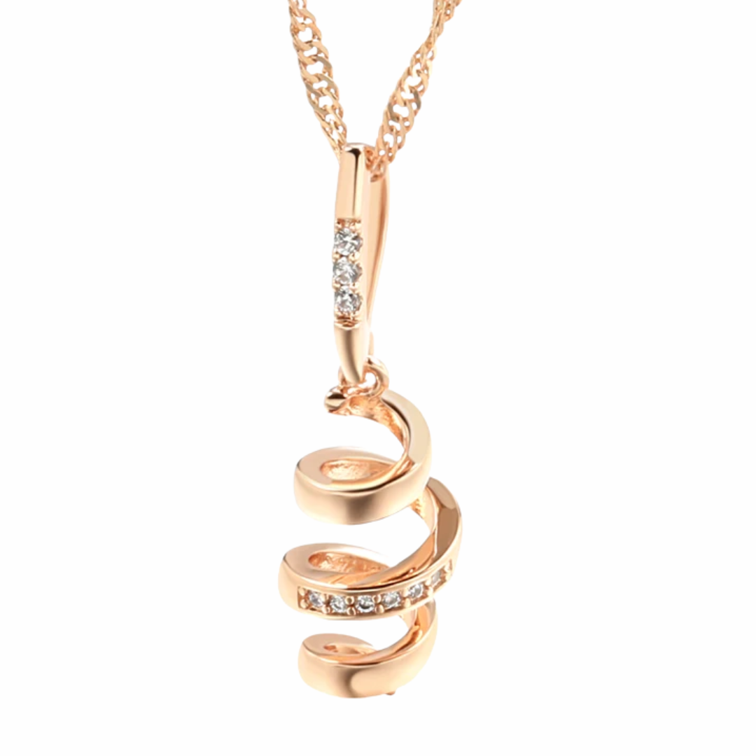 Rose Gold Spiral Pendant Necklace 34mm Twisted Wave Design Zircon Stone 1496
