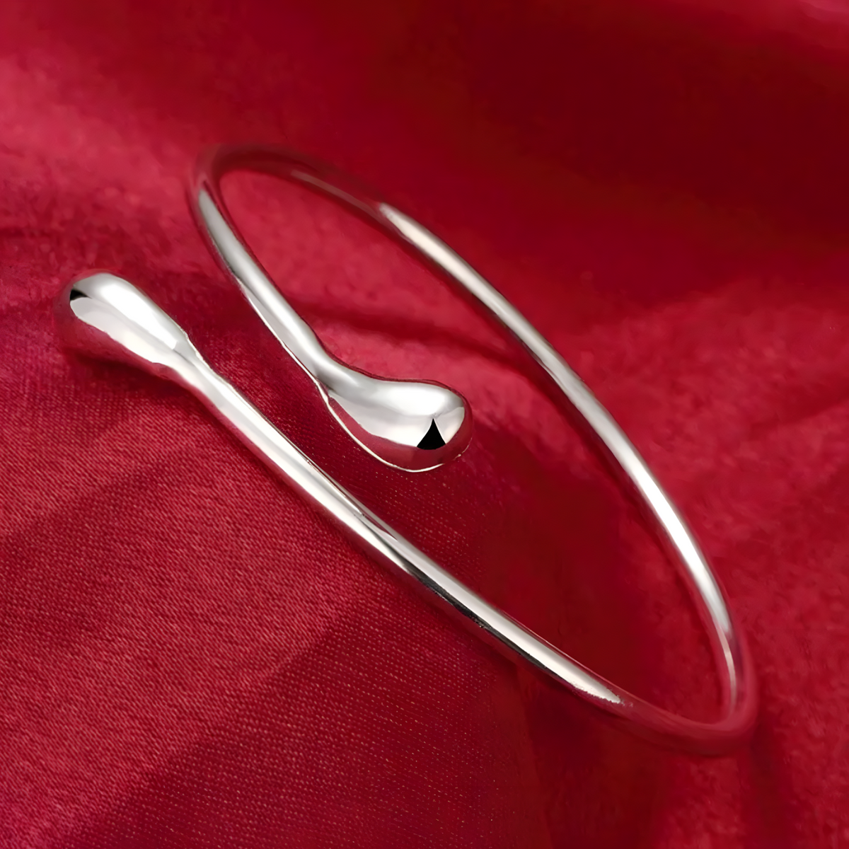925 Silver-Plated Alloy Open Cuff Bangle Women – Water-Drop Ends, Adjustable 861