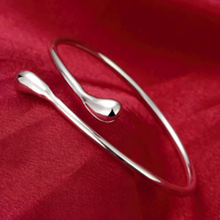 925 Silver-Plated Alloy Open Cuff Bangle Women – Water-Drop Ends, Adjustable 861