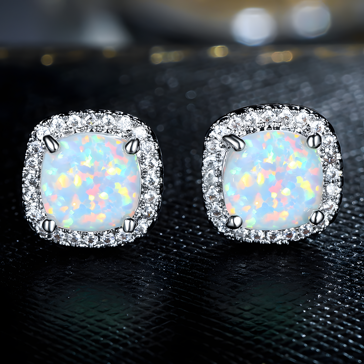 Silver Color Round Wedding Jewelry Stud Earrings with White Fire Opal Stone 601