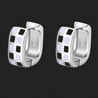 925 Silver-Plated Checkered Hoop Earrings for Women – Black & White Enamel 945