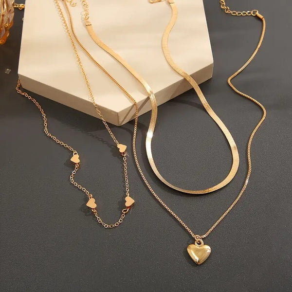 3 Pcs Heart Shape Charm Chain Stackable Three Layers Necklace Adjustable 93