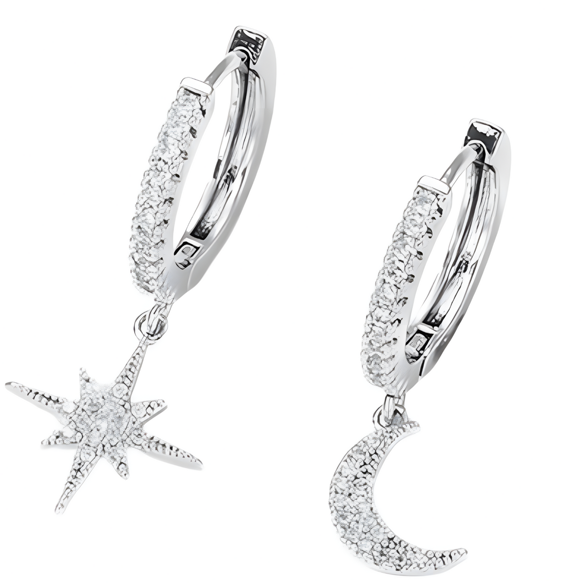 Asymmetric Celestial Hoop Earrings – Moon & Star Charms with Crystal Detail 1128