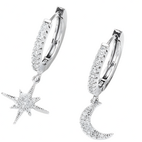 Asymmetric Celestial Hoop Earrings – Moon & Star Charms with Crystal Detail 1128