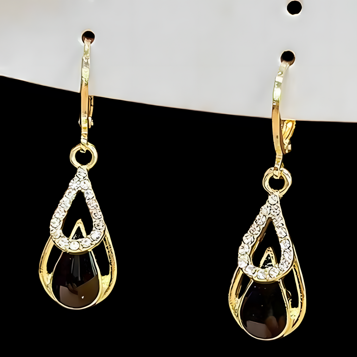 Gold Water Drop Dangle Earring Women–Zinc Alloy Teardrop Design Black Stone 1147