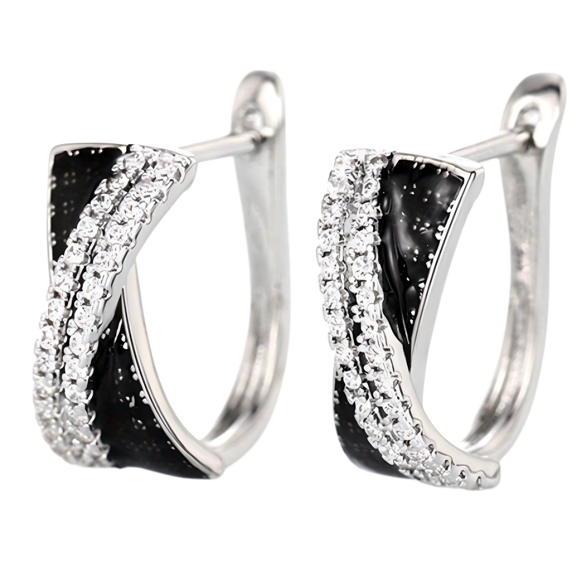 Modern Female Hoop Earrings: Black/White CZ X-Cross Two-Tone Design, 2cm 654