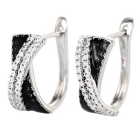 Modern Female Hoop Earrings: Black/White CZ X-Cross Two-Tone Design, 2cm 654