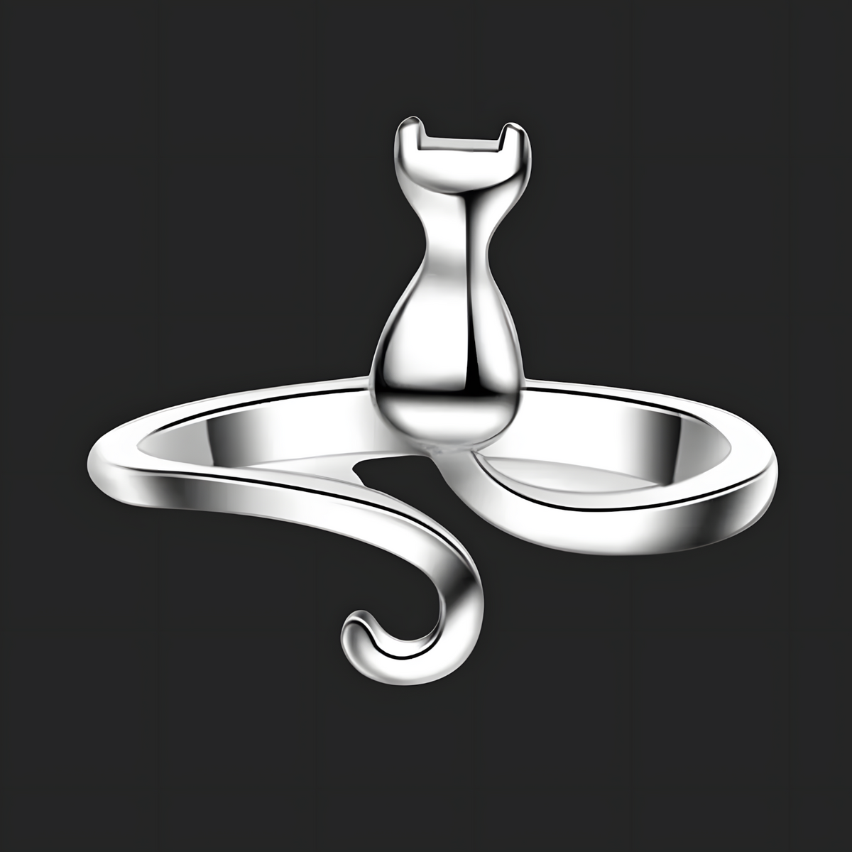 Silver-Tone Plated Copper Alloy Cat Wrap Ring Adjustable Open Band, Minimal 862
