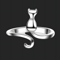 Silver-Tone Plated Copper Alloy Cat Wrap Ring Adjustable Open Band, Minimal 862