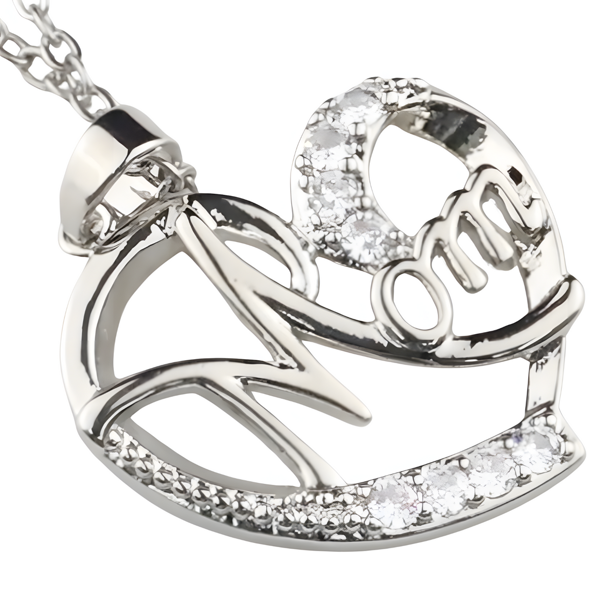 Mom Heart Pendant Necklace Silver Plated Link Chain Cubic Zirconia Micro 1359