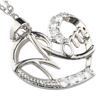 Mom Heart Pendant Necklace Silver Plated Link Chain Cubic Zirconia Micro 1359