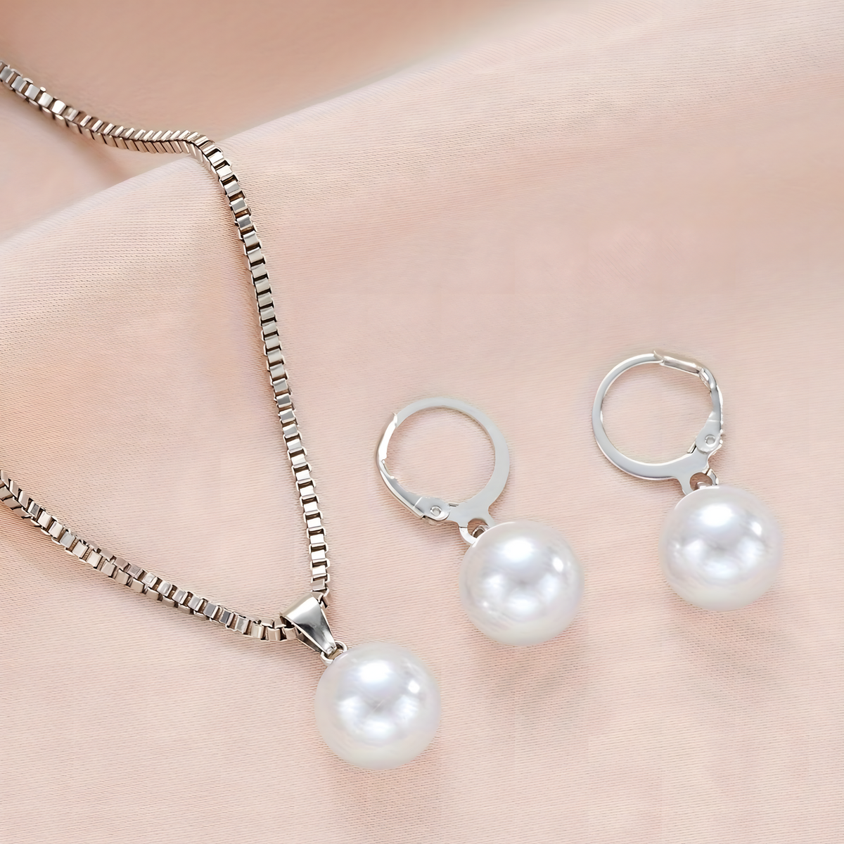 Women’s Classic Silver-Tone Pearl Necklace Earring Set Fashion Jewelry 707