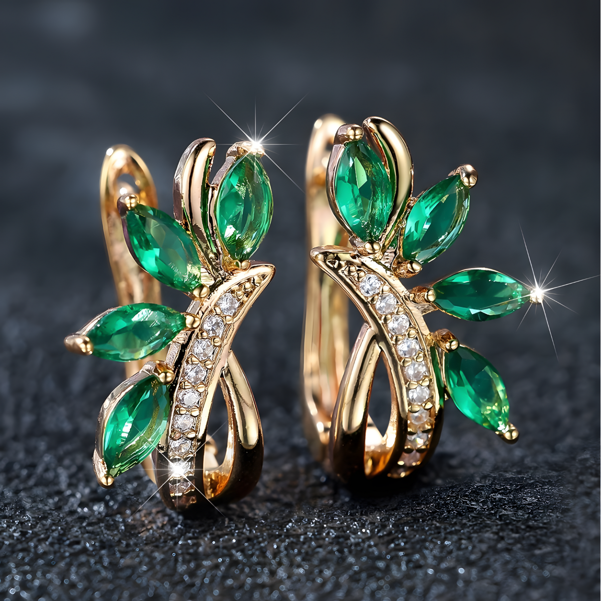Cute Female Blue Green Stone Clip Earrings Charm Gold Copper White Zircon 593