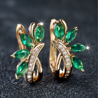 Cute Female Blue Green Stone Clip Earrings Charm Gold Copper White Zircon 593