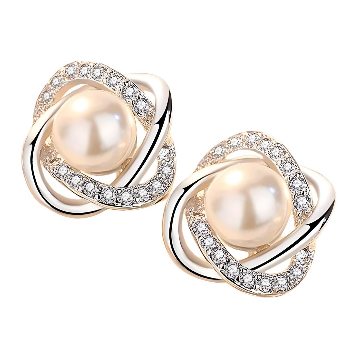 925 Silver-Plated Pearl & Crystal Stud Earrings for Women Elegant Round 11mm 899