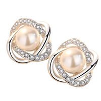 925 Silver-Plated Pearl & Crystal Stud Earrings for Women Elegant Round 11mm 899