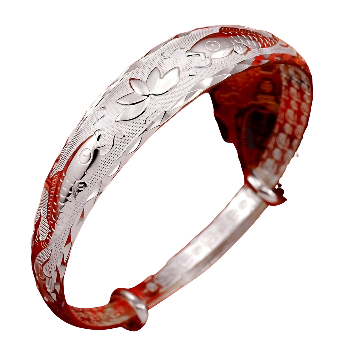 Lotus Fish Pattern Open Bangle Bracelet For Women Adjustable Cuff Wide Text 1771