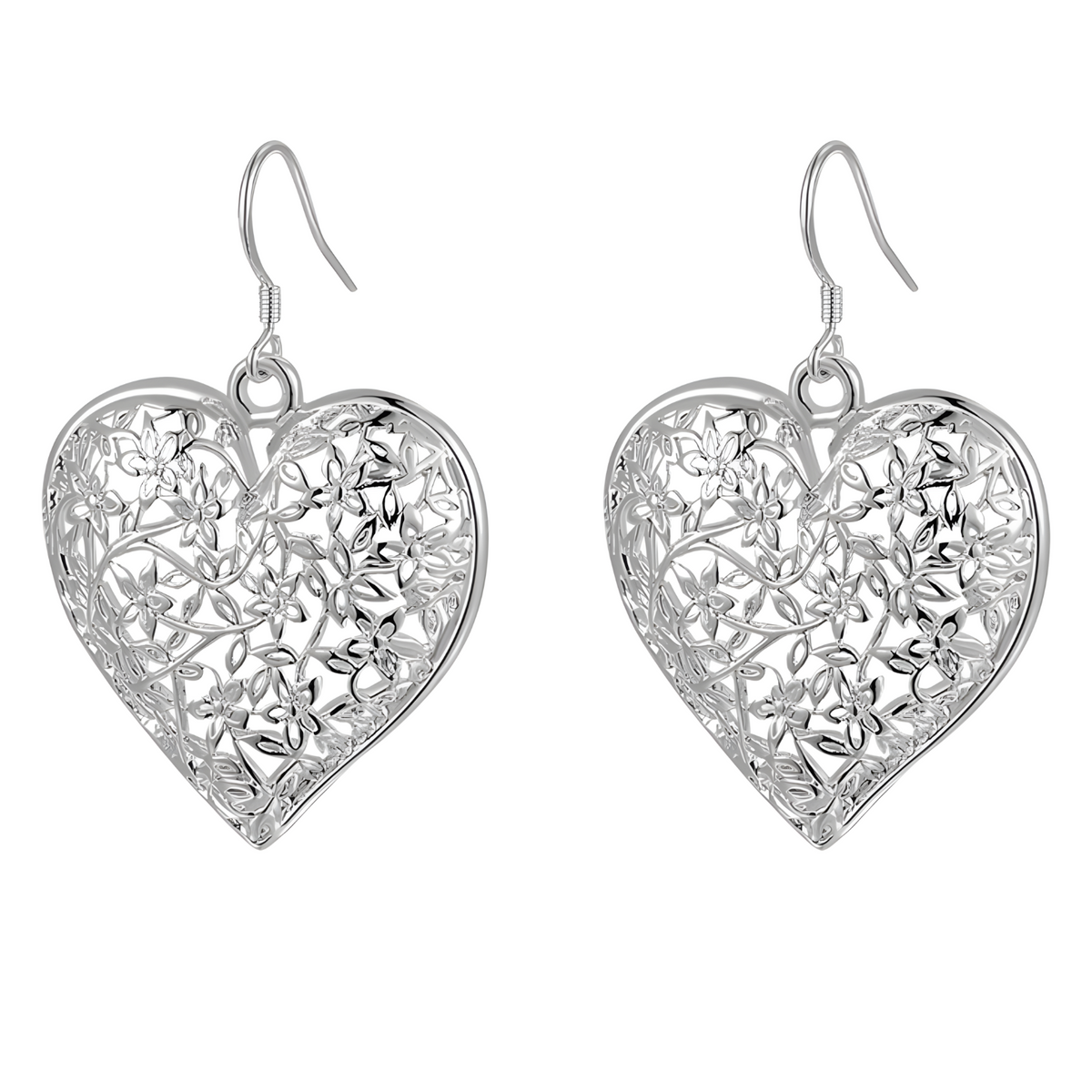 Large Silver Plated Heart Drop Earrings - Cutout Filigree Lace Design Dangle B41