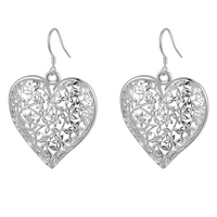 Large Silver Plated Heart Drop Earrings - Cutout Filigree Lace Design Dangle B41