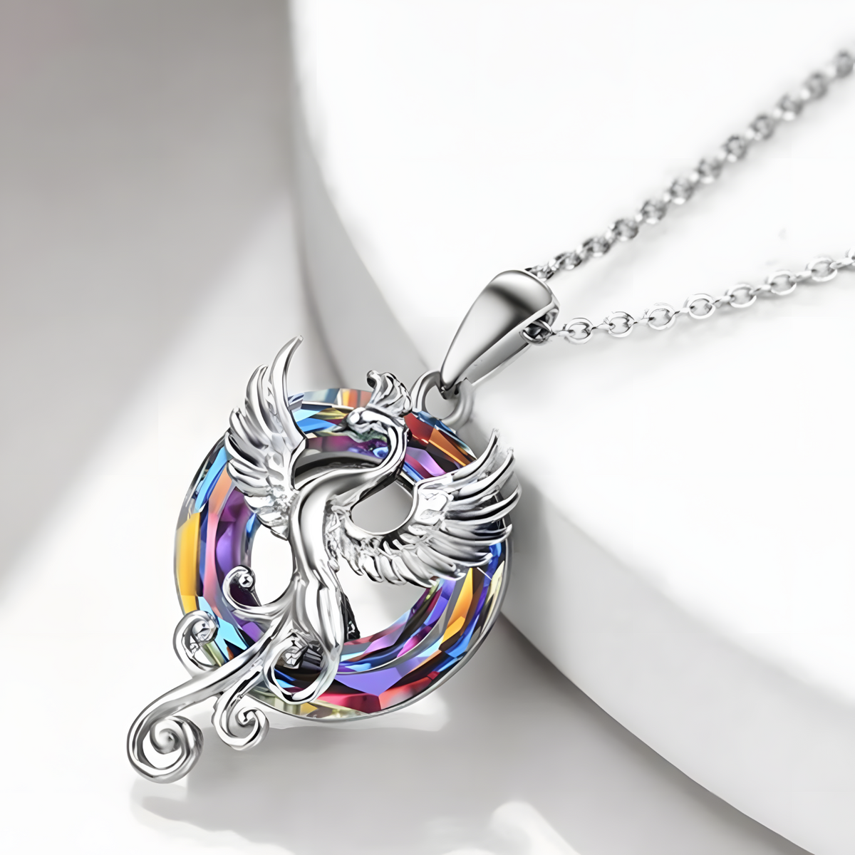 Stainless Steel Phoenix Pendant Necklace Women, Multicolor Crystal Circle 1256