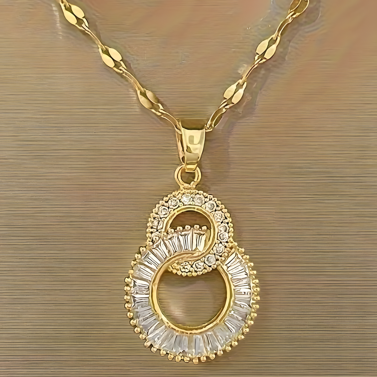 Gold-Tone Crystal Pendant Necklace Women – Round Double Circle Design, Stain 802