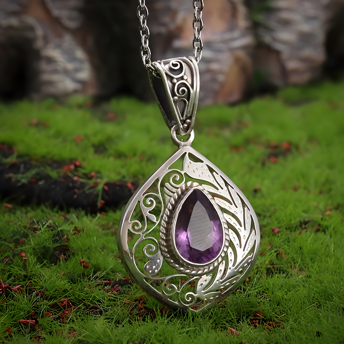 Vintage Amethyst Teardrop Pendant Necklace Zinc Silver Tone Filigree Jewelry 571