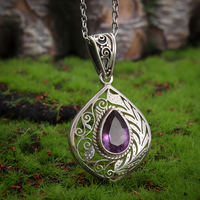 Vintage Amethyst Teardrop Pendant Necklace Zinc Silver Tone Filigree Jewelry 571