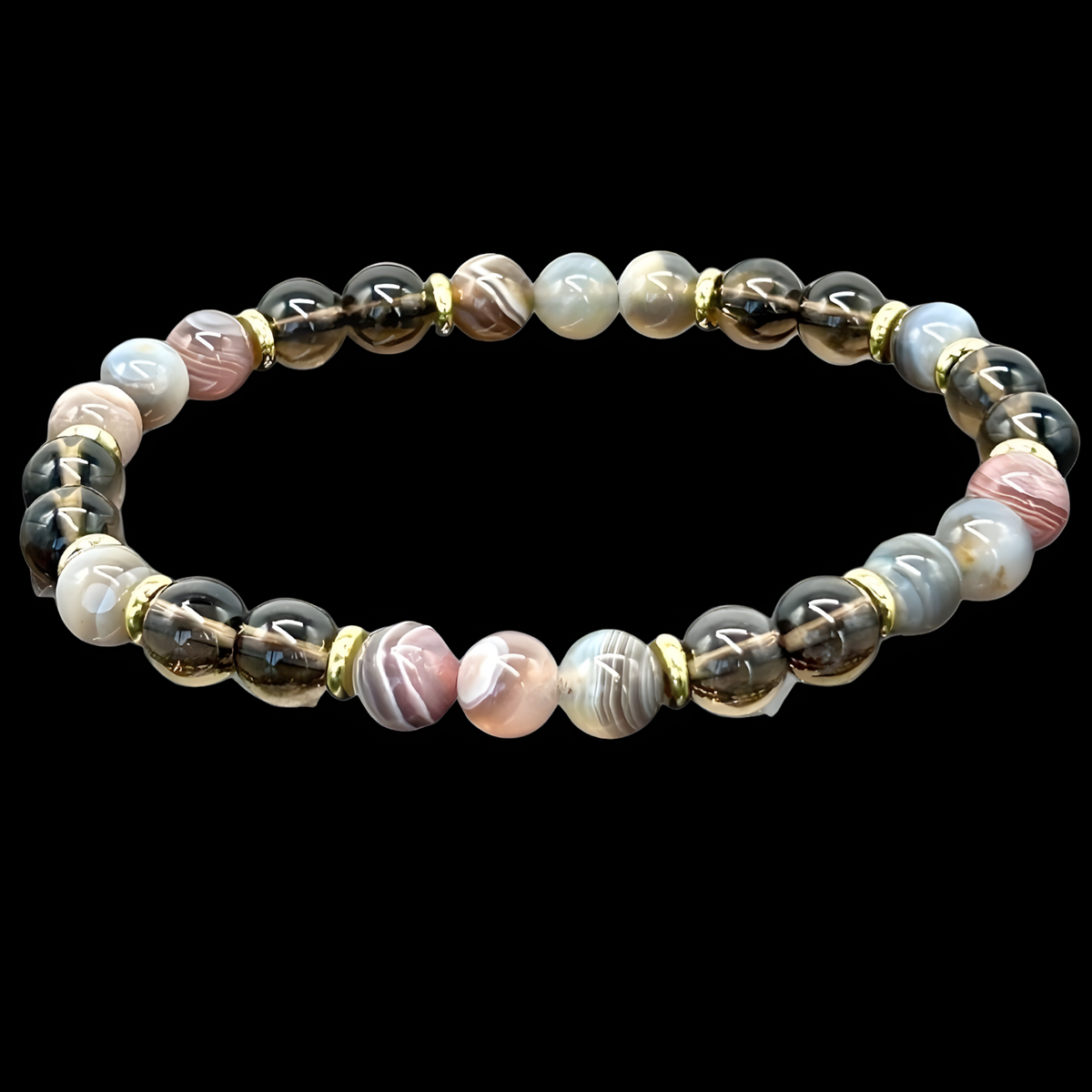 Botswana Agate & Smoky Quartz Beaded Bracelet For Women Gold Tone Plate 1402
