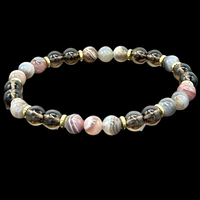 Botswana Agate & Smoky Quartz Beaded Bracelet For Women Gold Tone Plate 1402