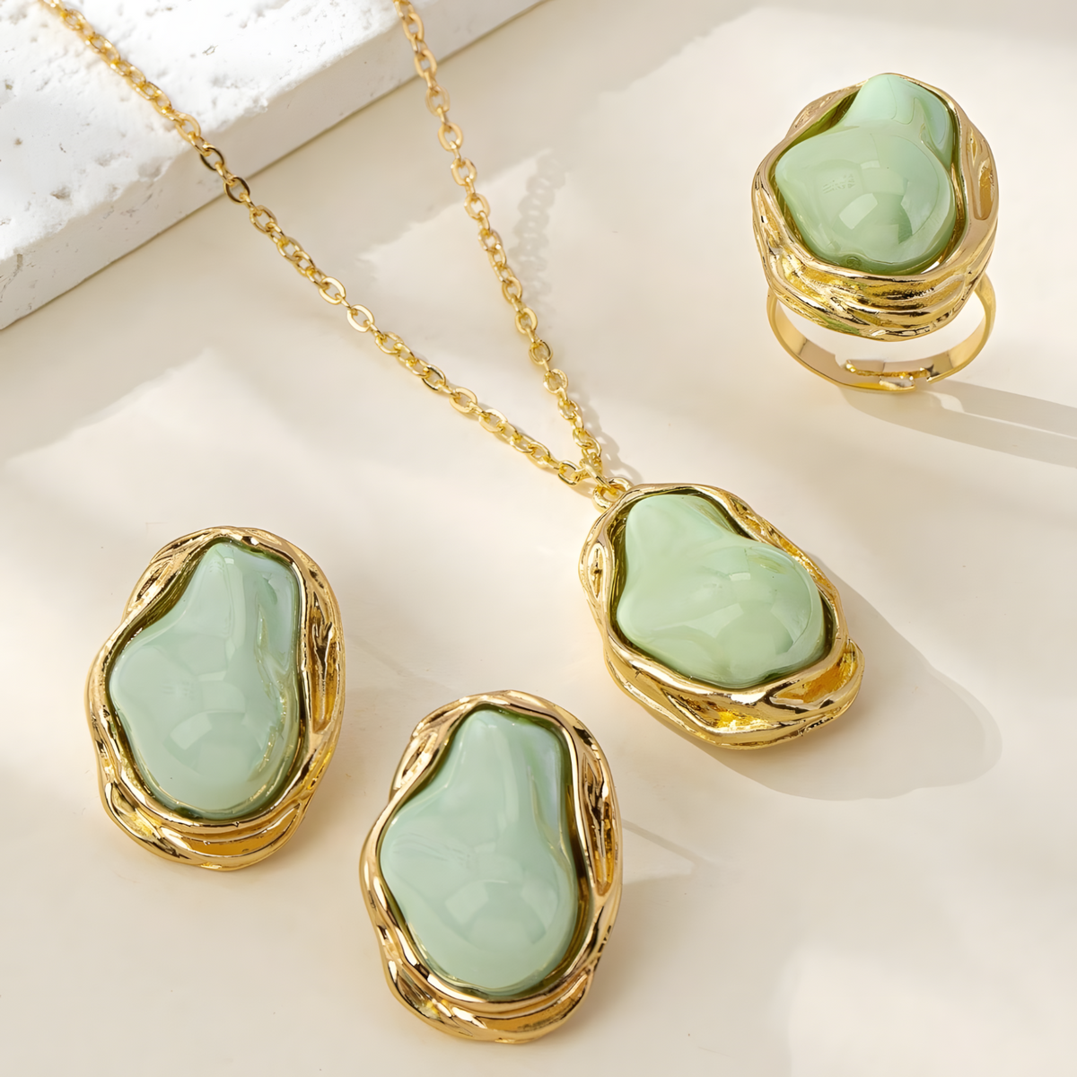 Irregular Green Stone Necklace, Earrings and Ring Set, Freeform Pendant 1724